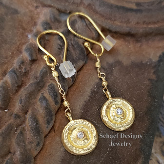 22kt Solid Gold hammered finish Disk & diamond Dangle Earrings | Arizona