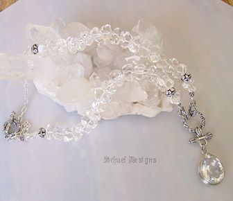 Stunning clear quartz and sterling silver necklace with fluer de lis details and large white topaz solitaire pendant | Schaef Designs jewelry | Signature Collection