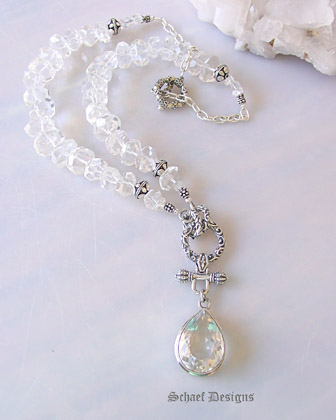 Stunning clear quartz and sterling silver necklace with fluer de lis details and large white topaz solitaire pendant | Schaef Designs jewelry | Signature Collection | Schaef Designs jewelry | Signature Collection