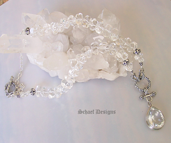 Stunning clear quartz and sterling silver necklace with fluer de lis details and large white topaz pendant | Schaef Designs jewelry | Signature Collection 