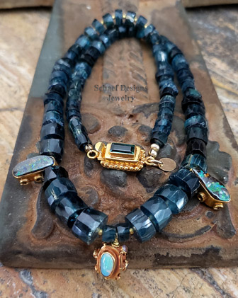 Schaef Designs Indicolite tourmaline, opal, tanzanite & 18kt solid gold necklace | Arizona