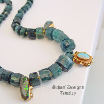 Schaef Designs Indicolite tourmaline, opal, tanzanite & 18kt solid gold necklace | New Mexico