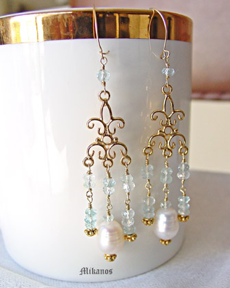 Aquamarine, White Pearl and 22kt Gold Vermeil Chandelier Dangle Earrings