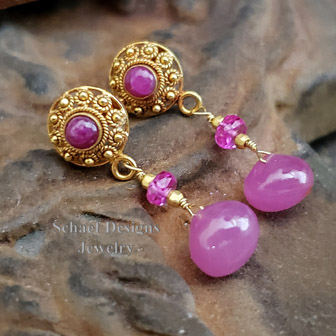 Hot pink sapphire briolettes, rubies and 18kt solid gold dangle earrings| Schaef Designs | Arizona