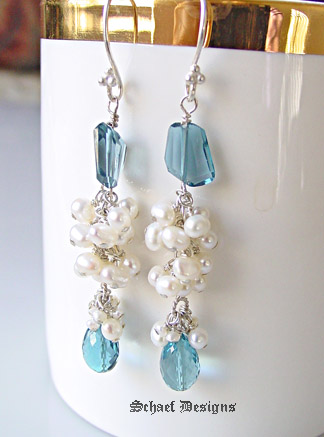 Lovely Eye Clean AAA London Blue Topaz Briloettes and Nuggets are highlighted by sweet small white freshwater Pearls dancing daintily from hand-wrapped sterling silver chain | Sterling Silver | Luxe Gemstone Dangle Earrings