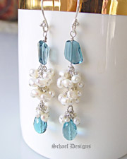 London Blue Topaz and white seed pearls drip from Silver Chain | Sterling Silver and Luxe Gemstone Dangle Earrings