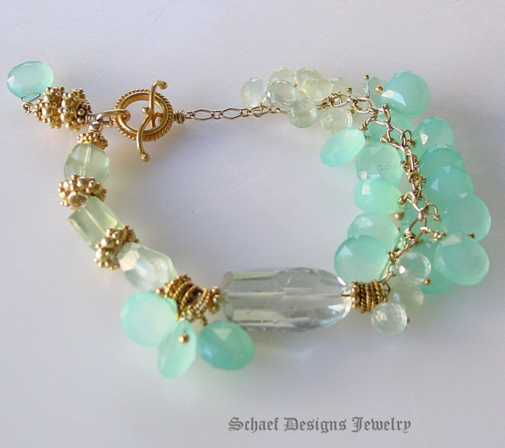 Gorgeous Aqua Chalcedony Briolette, Prasiolite Green Amethyst, and prehnite nuggets with 24kt Gold Vermeil Ornate Toggle Closure Gemstone Bracelet