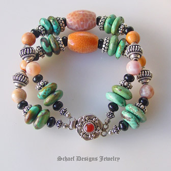 Turquoise, Crabfire Agate, Black Onyx & Sterling Silver 2-strand bracelet | online Jewelry boutique | Schaef Designs artisans handcrafted gemstone jewelry | San Diego, CA 