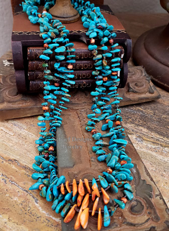 Schaef Designs 3 strand turquoise tab & orange spiny oyster long pueblo style Necklace | Arizona 