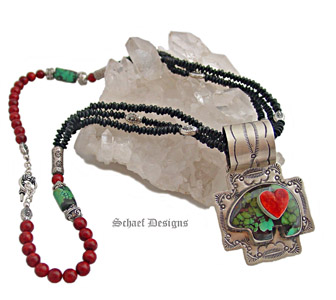 Chrysocolla, Jet & Spiny Oyster Necklace | Turquoise Bear & Spiny Oyster Cross Path Rocki Gorman Pendant | Galisteo Collection