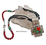 Chrysocolla, Spiny Oyster, & Jet Necklace with Rocki Gorman Bear & Cross Path Pendant