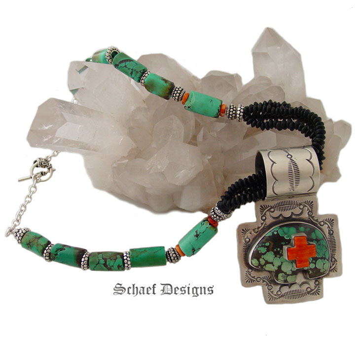 Chrysocolla, Jet, Spiny Oyster Necklace with Bear and Cross Pendant from Designs by Rocki Gorman Gallisteo Collection.