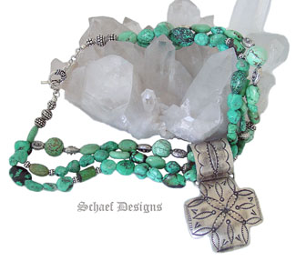 Southwestern Turquoise Necklace with Rocki Gorman Silver Cross Path Pendant | Vintage Collection