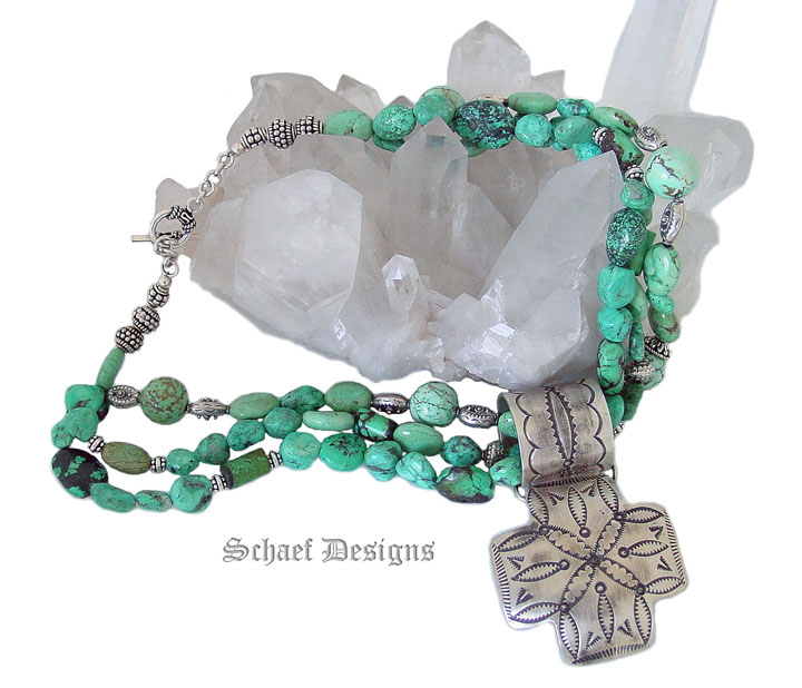 Southwestern Turquoise Necklace with Rocki Gorman Silver Cross Path Pendant | Vintage Collection