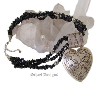 Black Onyx Necklace with Silver Heart Pendant by Rocki Gorman Designs | Vintage Collection