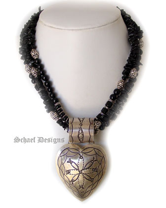 Black Onyx 3-Strand Necklace | Handcrafted American Indian Sterling Silver Heart Pendant