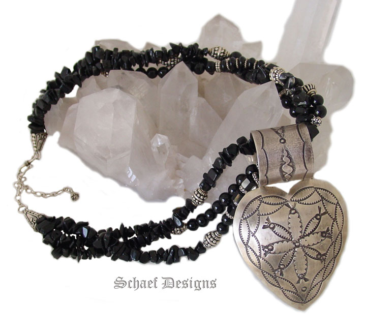 Black Onyx Necklace with Silver Heart Pendant by Rocki Gorman Designs | Vintage Collection