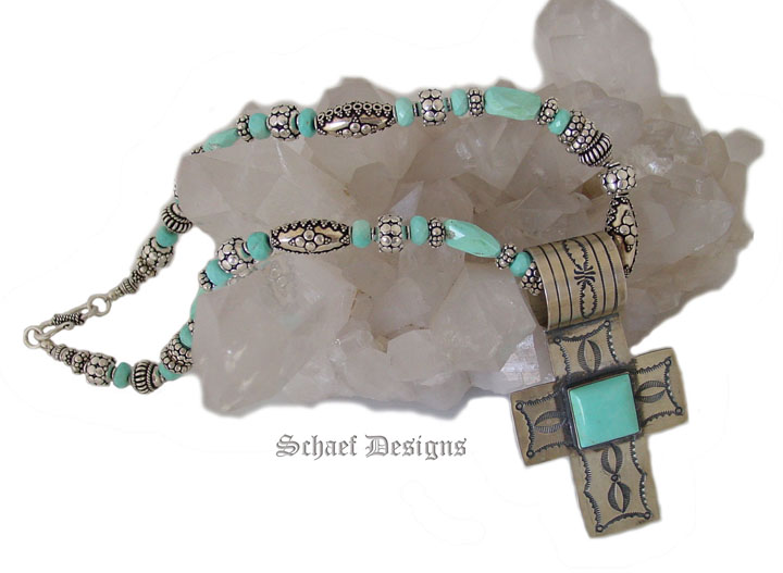 Sleeping Beauty Turquoise & Silver Necklace with Rocki Gorman Turquoise Cross Pendant
