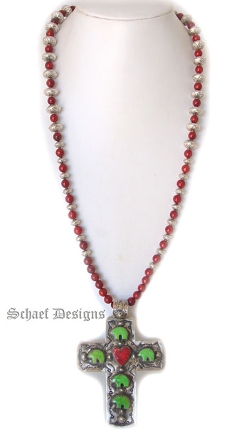Red Coral & Sterling Silver Necklace | Gaspeite Bear & Spiny Oyster Heart on Sterling Silver Cross Pendant Handcrafted by American Indians