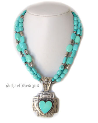 Southwestern Turquoise Necklace | Rocki Gorman Turquoise Heart on Silver Cross Path Pendant | American Indian Galisteo Collection