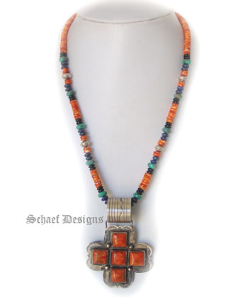 Spiny Oyster, Lapis & Black Onyx Necklace | Spiny Oyster Cross Pendant Handcrafted by Native American Indians
