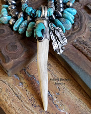  Schaef Designs Deer Antler, Apache Turquoise & Sterling Silver Feather Pendant shown on  Navajo Pearl Necklace |New Mexico 