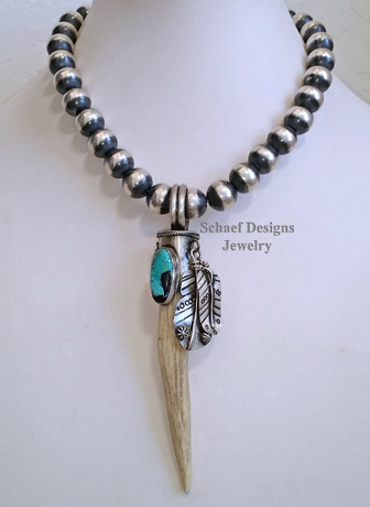  Schaef Designs Deer Antler tine, Pilot Mountain turquoise & sterling silver feathers Southwestern Pendant | New Mexico
