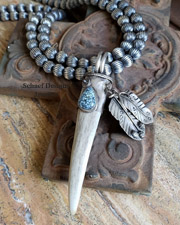  Schaef Designs Deer Antler, Apache Turquoise & Sterling Silver Feather Pendant shown on  Navajo Pearl Necklace |New Mexico 