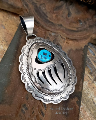 Rocki Gorman Turquoise raised Heart on Stamped Sterling Silver Cross Path Pendant Navajo Artist signed Bennie Ration stamped Rocki | Vintage Collection | Schaef Designs Jewelry | San Diego CA 