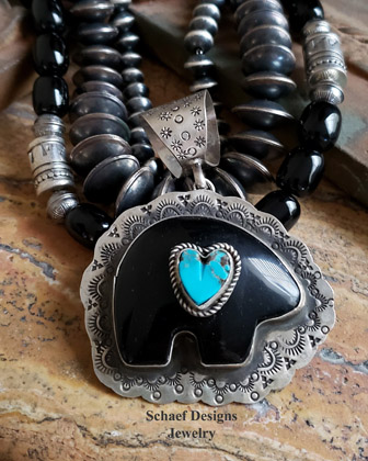 Schaef Designs Black onyx & hand stamped sterling silver bear pendant | Schaef Designs turquoise jewelry | New Mexico 