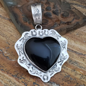Schaef Designs Black Onyx Heart & Painted Pony Hand Stamped Sterling Silver Southwestern Pendant | Arizona