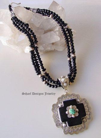 Schaef Designs Capistrano Black Onyx & Turquoise Flower Crosspath Pendant | Upscale online Southwestern, Equine, & Native American Jewelry Gallery Boutique | Schaef Designs Jewelry | San Diego CA 
