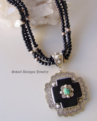 Schaef Designs Capistrano Black Onyx & Turquoise Flower Crosspath Pendant | Upscale online Southwestern, Equine, & Native American Jewelry Gallery Boutique | Schaef Designs Jewelry | San Diego CA