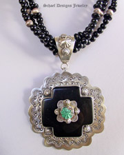 Schaef Designs Capistrano Black Onyx & Turquoise Flower Crosspath Pendant | Upscale online Southwestern, Equine, & Native American Jewelry Gallery Boutique | Schaef Designs Jewelry | San Diego CA 