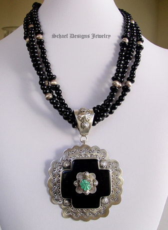Schaef Designs Capistrano Black Onyx & Turquoise Flower Crosspath Pendant | Upscale online Southwestern, Equine, & Native American Jewelry Gallery Boutique | Schaef Designs Jewelry | San Diego CA