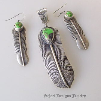  Green Carico Lake & sterling silver native american artist signed feather earrings | Schaef Designs artisan handcrafted Southwestern, Native American & Equine Jewelry | Online upscale southwestern equine jewelry boutique gallery | New Mexico 