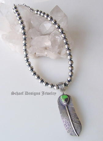 Green Carico Lake & sterling silver native american artist signed feather pendant | Schaef Designs artisan handcrafted Southwestern, Native American & Equine Jewelry | Online upscale southwestern equine jewelry boutique gallery | New Mexico 