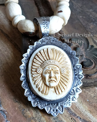 Carved bone Indian Chief & Sterling silver Southwestern pendant Arizona