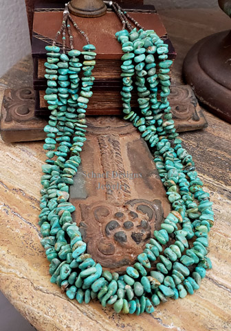 Charlene Nez 4 strand green turquoise & pen shell Native American necklace | Southwestern Jewelry Basics Collection | Native American Jewelry  | online upscale native american & southwestern jewelry boutique gallery| Schaef Designs Southwestern turquoise Jewelry | New Mexico 
