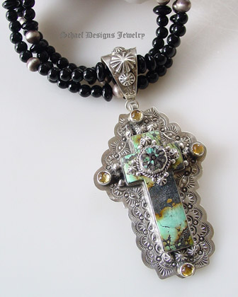Schaef Designs Capistrano Cross pendant | Turquoise with citrines | Upscale online Southwestern, Equine, & Native American Jewelry Gallery Boutique | Schaef Designs artisan handcrafted Jewelry | San Diego CA