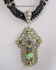 Schaef Designs Capistrano Cross pendant | Turquoise with citrines | Upscale online Southwestern, Equine, & Native American Jewelry Gallery Boutique | Schaef Designs artisan handcrafted Jewelry | San Diego CA