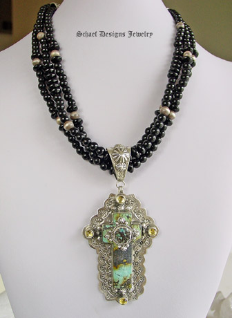 Schaef Designs Capistrano Cross pendant | Turquoise with citrines | Upscale online Southwestern, Equine, & Native American Jewelry Gallery Boutique | Schaef Designs artisan handcrafted Jewelry | San Diego CA