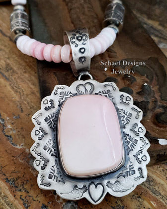 Schaef Designs pink conch shell & hand stamped sterling Silver Southwestern pendant | Arizona