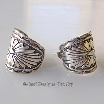 Hand Stamped Sterling Silver Concho Hoop Post Earrings | Schaef Designs Collectible Native American Pawn Southwestern & Equine Jewelry | Online upscale southwestern equine jewelry boutique gallery | San Diego CA   