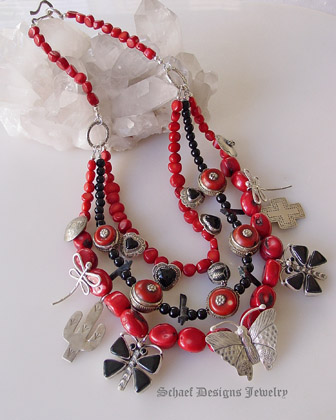 Schaef Designs red coral, black onyx, sterling silver charm fetish butterfly cactus heart dragonfly necklace| Signed Native American Jewelry | Schaef Designs Upscale Turquoise Jewelry | Online Jewelry boutique| San Diego CA