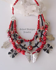  Schaef Designs red coral, black onyx, sterling silver charm fetish butterfly cactus heart dragonfly necklace| Signed Native American Jewelry | Schaef Designs Upscale Turquoise Jewelry | Online Jewelry boutique| San Diego CA 