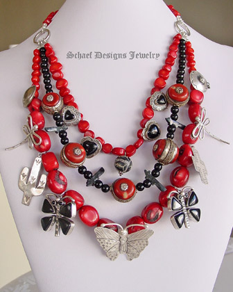 Schaef Designs red coral, black onyx, sterling silver charm fetish butterfly cactus heart dragonfly necklace| Signed Native American Jewelry | Schaef Designs Upscale Turquoise Jewelry | Online Jewelry boutique| San Diego CA