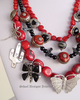 Schaef Designs red coral, black onyx, sterling silver charm fetish butterfly cactus heart dragonfly necklace| Signed Native American Jewelry | Schaef Designs Upscale Turquoise Jewelry | Online Jewelry boutique| San Diego CA