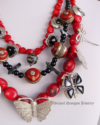 Schaef Designs red coral, black onyx, sterling silver charm fetish butterfly cactus heart dragonfly necklace| Signed Native American Jewelry | Schaef Designs Upscale Turquoise Jewelry | Online Jewelry boutique| San Diego CA