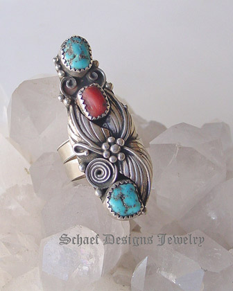 Artist Signed Mediterranean Coral turquoise & Sterling silver long old pawn ring | Schaef Designs Southwestern & Equine Jewelry | Online upscale collectible native american southwestern equine jewelry boutique gallery | San Diego CA  